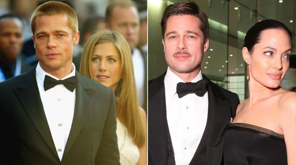 Brad Pitt et Jennifer Aniston lors de la première de Troy en 2004 / Brad Pitt et Angelina Jolie lors de la première de l'étrange histoire de Benjamin Button en 2008