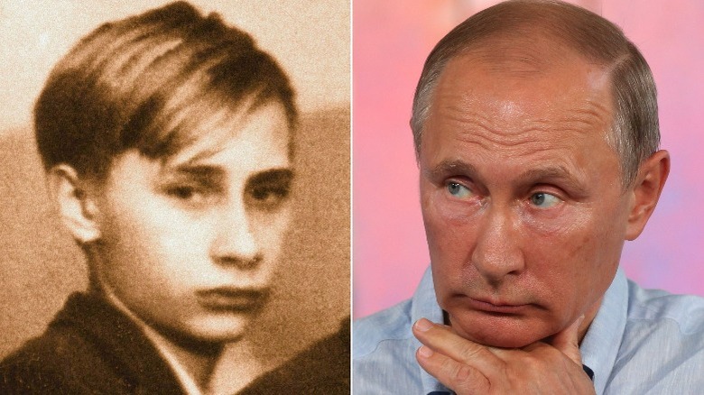 Le jeune Vladimir Poutine, l'actuel Vladimir Poutine regardant de côté