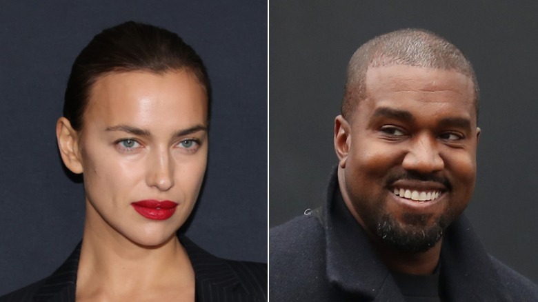 Irina Shayk porte du rouge à lèvres Kanye West souriant 